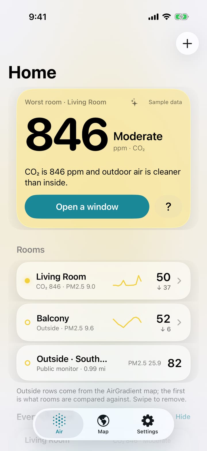 Hale's Home tab: the Living Room is the worst room at 844 ppm of CO₂, moderate, and the action is Open a window.